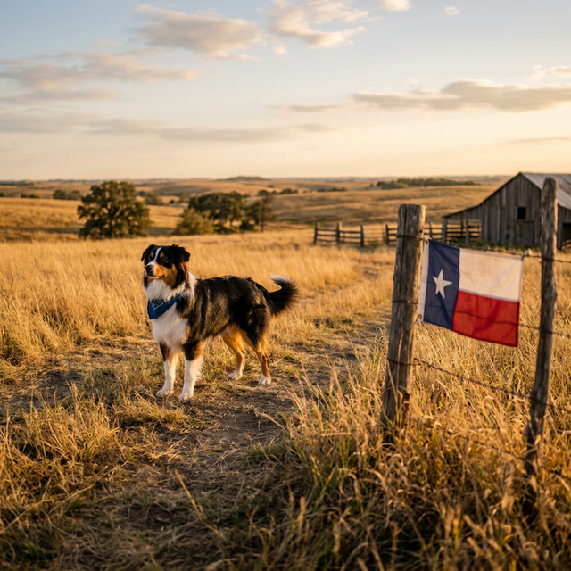 Dog standing proudly in a Texas prairie with a Texas flag in the background